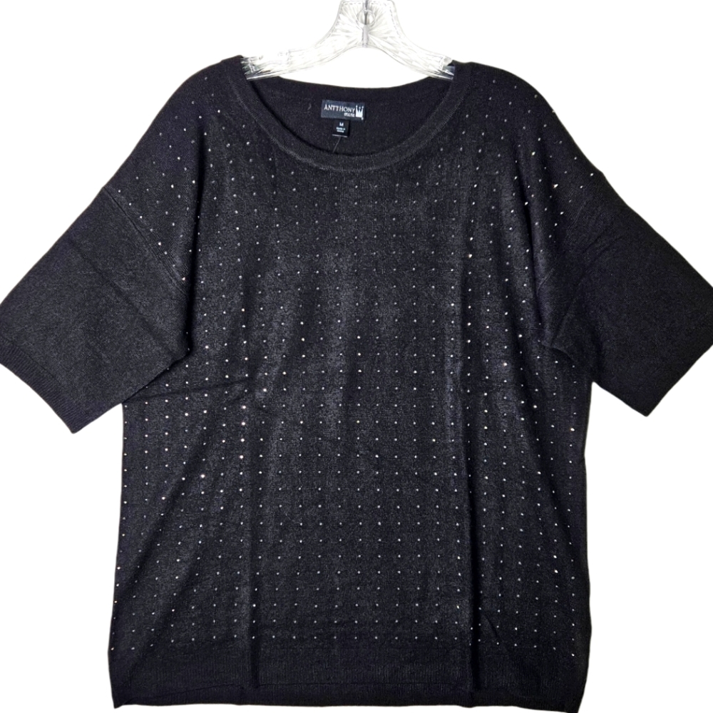 Extended Shoulder Rhinestone Relaxed Sweater Casual Chic Black Size M
